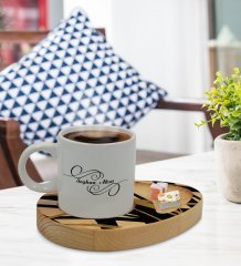 Kişiye Özel Modern Art Tasarımlı Doğal Ahşap Tabaklı Türk Kahvesi Fincanı Sunum Seti Model 16