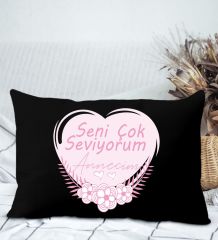 BK Gift Anneler Günü Tasarımlı Premium Kumaş Siyah Dikdörtgen Kırlent Yastık, Anneler Günü Hediyesi, Ev Dekorasyonu-1