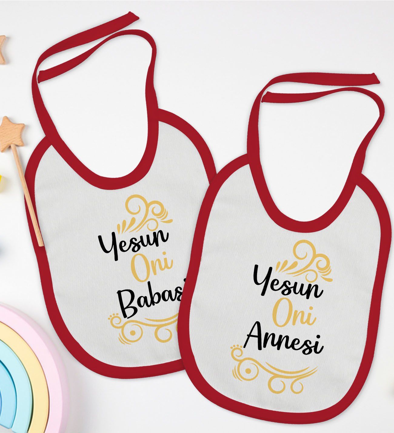 BK Kids Yesun Oni Annesi ve Babasi Tasarımlı 2’li Kırmızı Mama Önlüğü-1