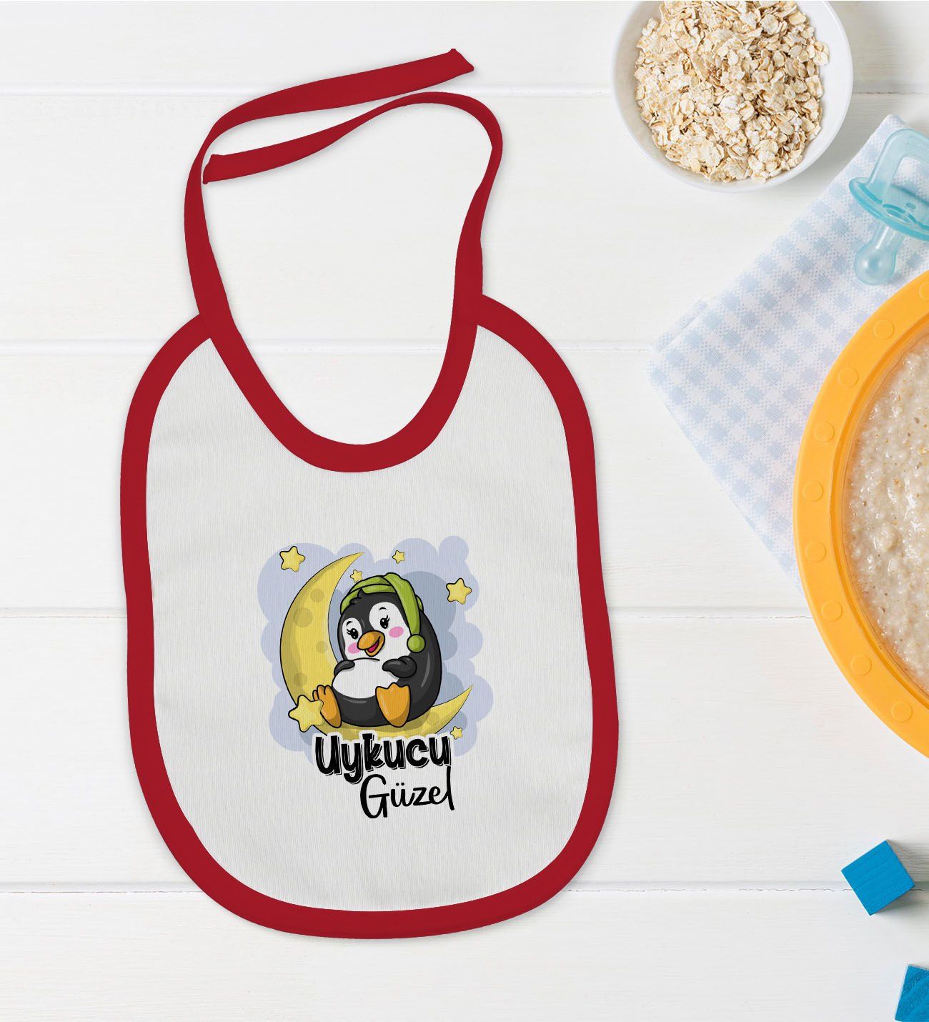 BK Kids Uykucu Güzel Tasarımlı Kırmızı Bebek Mama Önlüğü-1