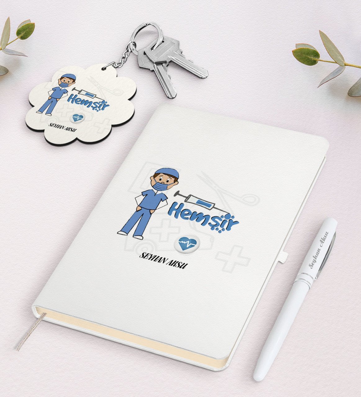 Kişiye Özel Hemşir Beyaz Defter Kalem ve Anahtarlık Hediye Seti