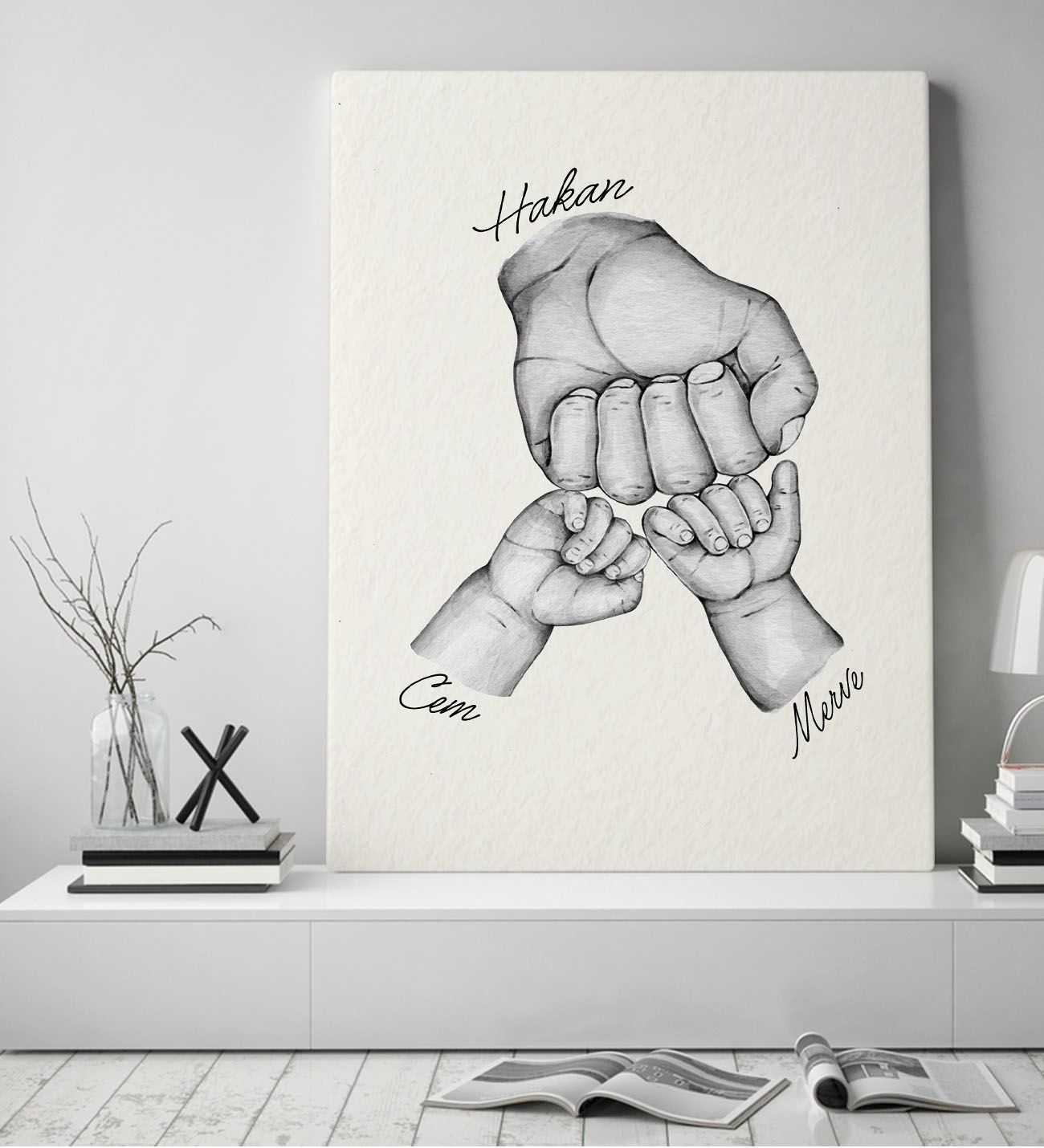 BK Gift Kişiye Özel Baba ve Çocuklar El Tasarımlı Siyah Beyaz Kanvas Tablo-2 50x70, Babaya Hediye, Yeni Doğum Hediyesi