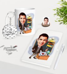 Kişiye Özel Erkek Öğretmen Karikatürlü Kupa Anahtarlık Beyaz Defter Kalem Hediye Seti-2