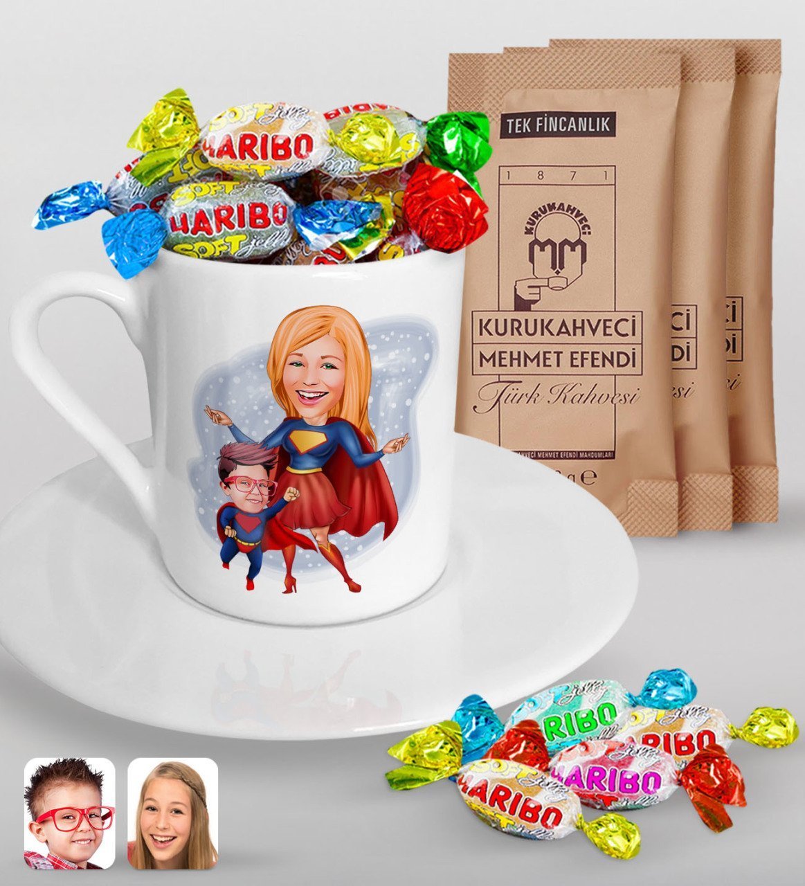 Kişiye Özel Anneler Günü Temalı Süper Anne ve Çocuk Karikatürlü Türk Kahvesi Fincanı Mehmet Efendi Kahve ve Haribo Şeker Hediye Seti-1
