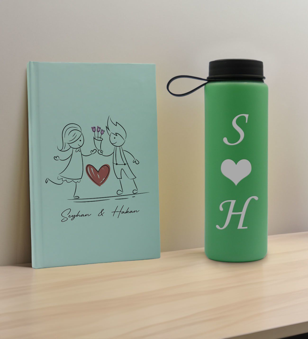 BK Gift Sevgiliye Özel İsimli Su Yeşili Defter ve Yeşil Cam Matara Hediye Seti-6, Sevgiliye Hediye, Sevgililer Günü, Yeni İş Hediyesi