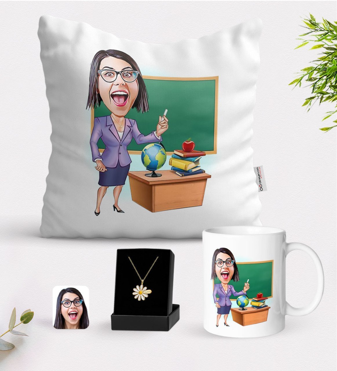 Kişiye Özel Bayan Öğretmen Karikatürlü Beyaz Kupa Yastık ve İsimli Papatya Kolye Hediye Seti-1