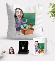 Kişiye Özel Bayan Öğretmen Karikatürlü Beyaz Kupa Yastık ve İsimli Papatya Kolye Hediye Seti-1