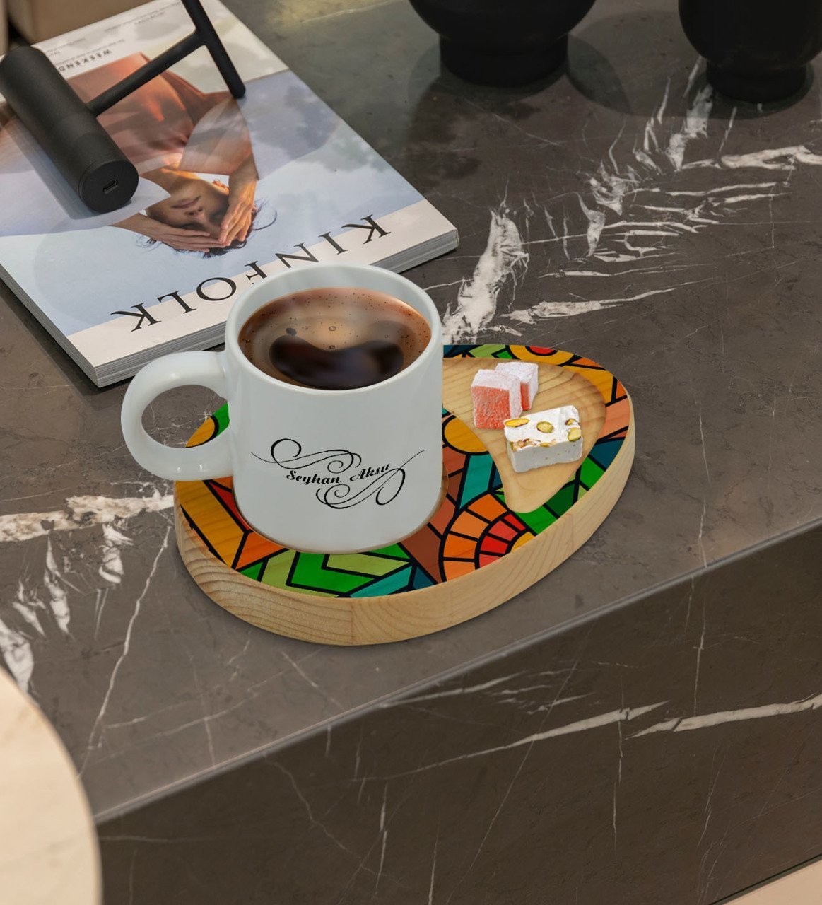Kişiye Özel Modern Art Tasarımlı Doğal Ahşap Tabaklı Türk Kahvesi Fincanı Sunum Seti Model 15