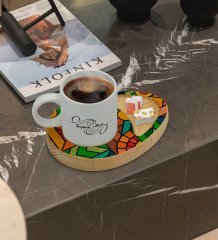 Kişiye Özel Modern Art Tasarımlı Doğal Ahşap Tabaklı Türk Kahvesi Fincanı Sunum Seti Model 15