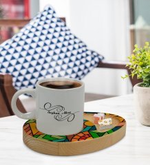 Kişiye Özel Modern Art Tasarımlı Doğal Ahşap Tabaklı Türk Kahvesi Fincanı Sunum Seti Model 15