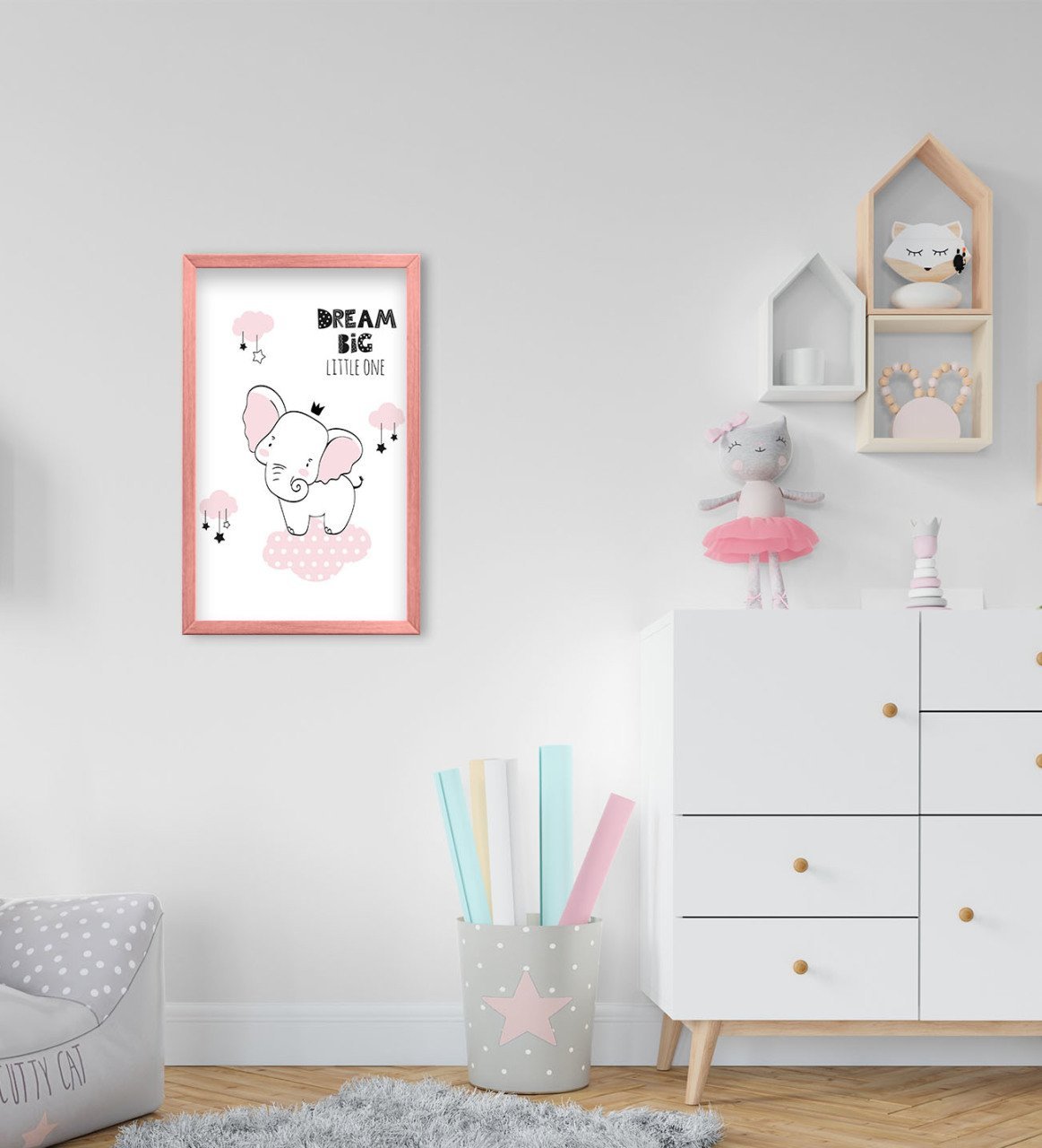 BK Home Dream Big Little One Tasarımlı Dekoratif Pembe Ahşap Çerçeveli Çocuk Odası Tablo-1