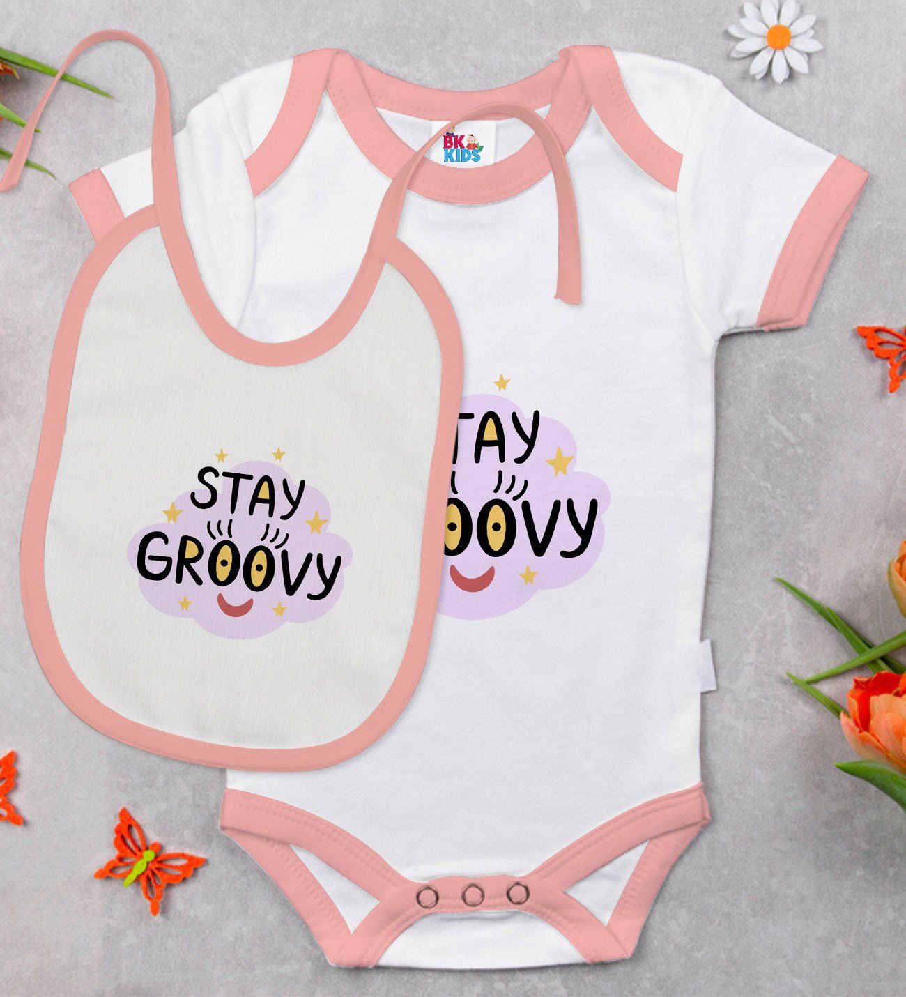BK Kids Stay Groovy Tasarımlı Pembe Bebek Body Zıbın ve Mama Önlüğü Hediye Seti-1
