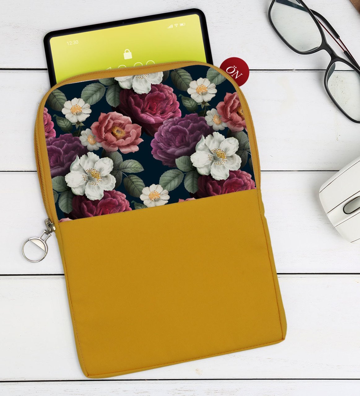 BK Gift Çiçekler Tasarımlı Taşınabilir Koruyucu Tablet Kılıfı & Organizer Çanta - Sarı-2