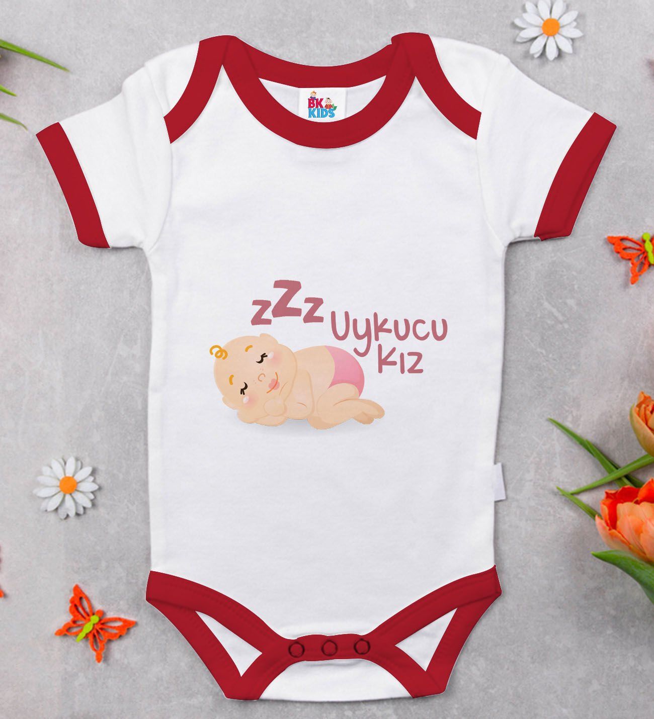 BK Kids Uykucu Kız Tasarımlı Kırmızı Bebek Body Zıbın-1