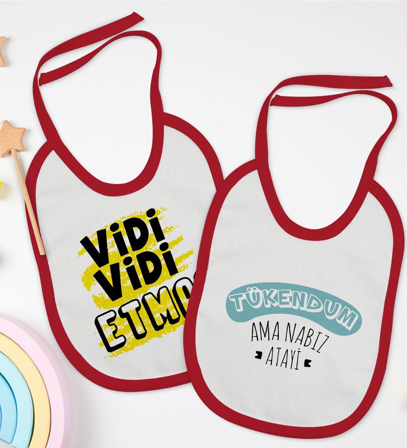 BK Kids Vidi Vidi Etma ve Tukendum Tasarımlı 2’li Kırmızı Mama Önlüğü-1