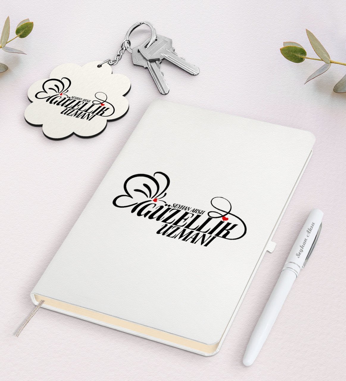 Kişiye Özel Güzellik Uzmanı Beyaz Defter Kalem ve Anahtarlık Hediye Seti-2