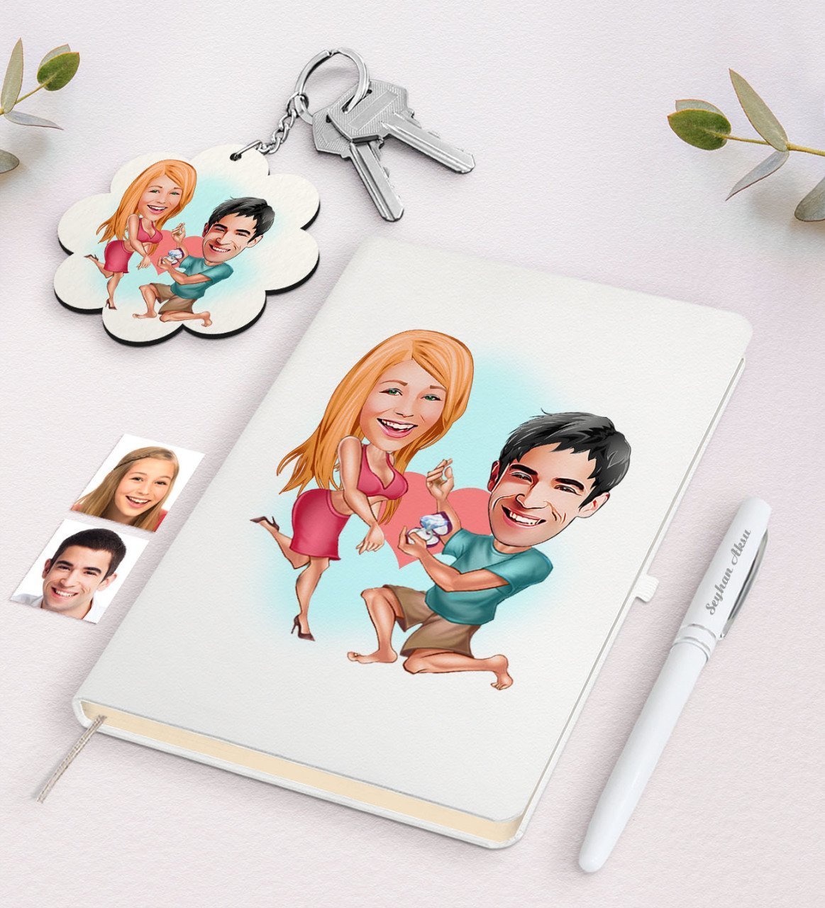 Kişiye Özel Sevgili Karikatürlü Beyaz Defter Kalem ve Anahtarlık Hediye Seti-19