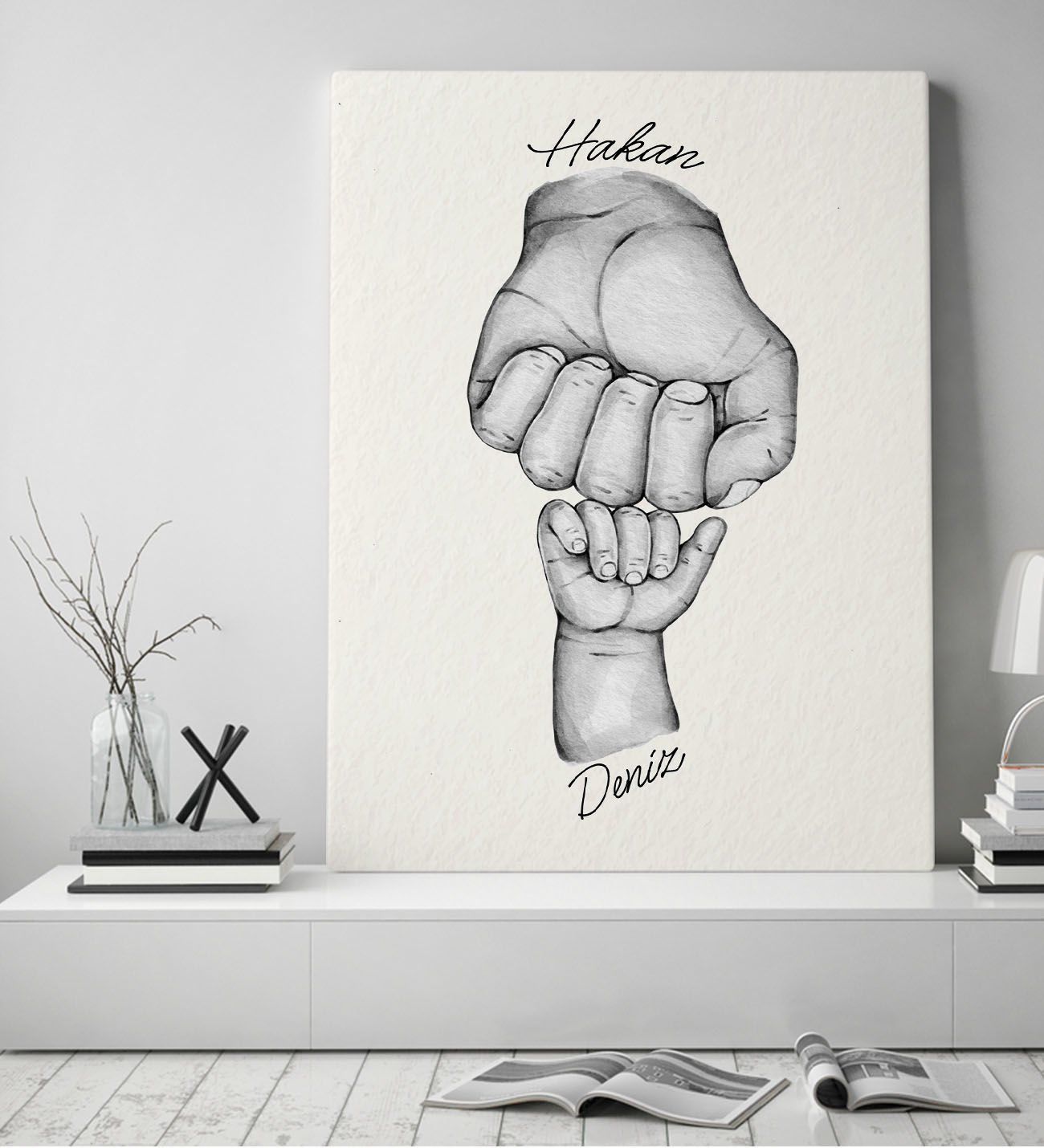 BK Gift Kişiye Özel Baba ve Çocuklar El Tasarımlı Siyah Beyaz Kanvas Tablo-1 50x70, Babaya Hediye, Yeni Doğum Hediyesi