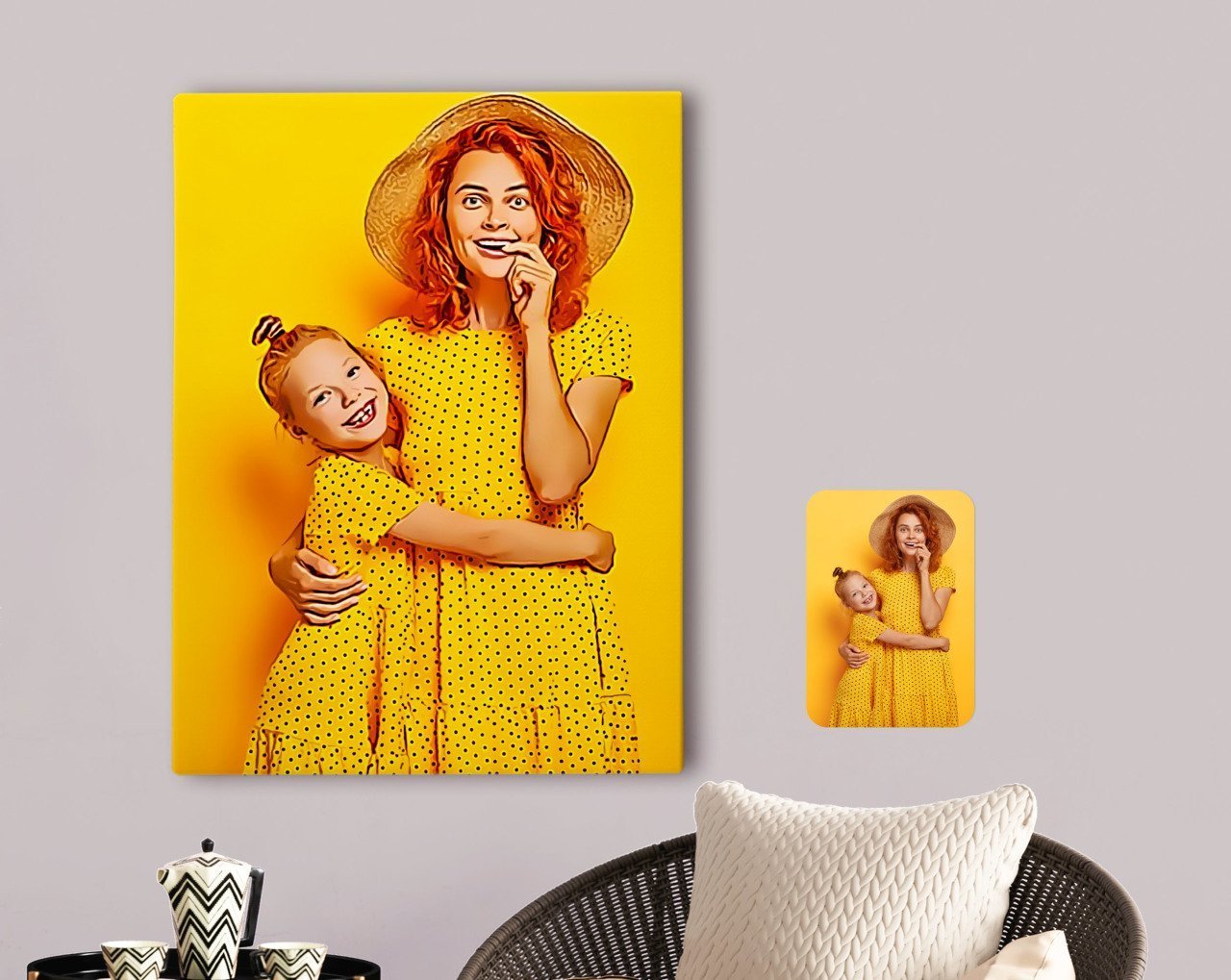 Kişiye Özel Tam Boy Anne ve Kız Karikatürlü Kanvas Tablo 70x100cm-1
