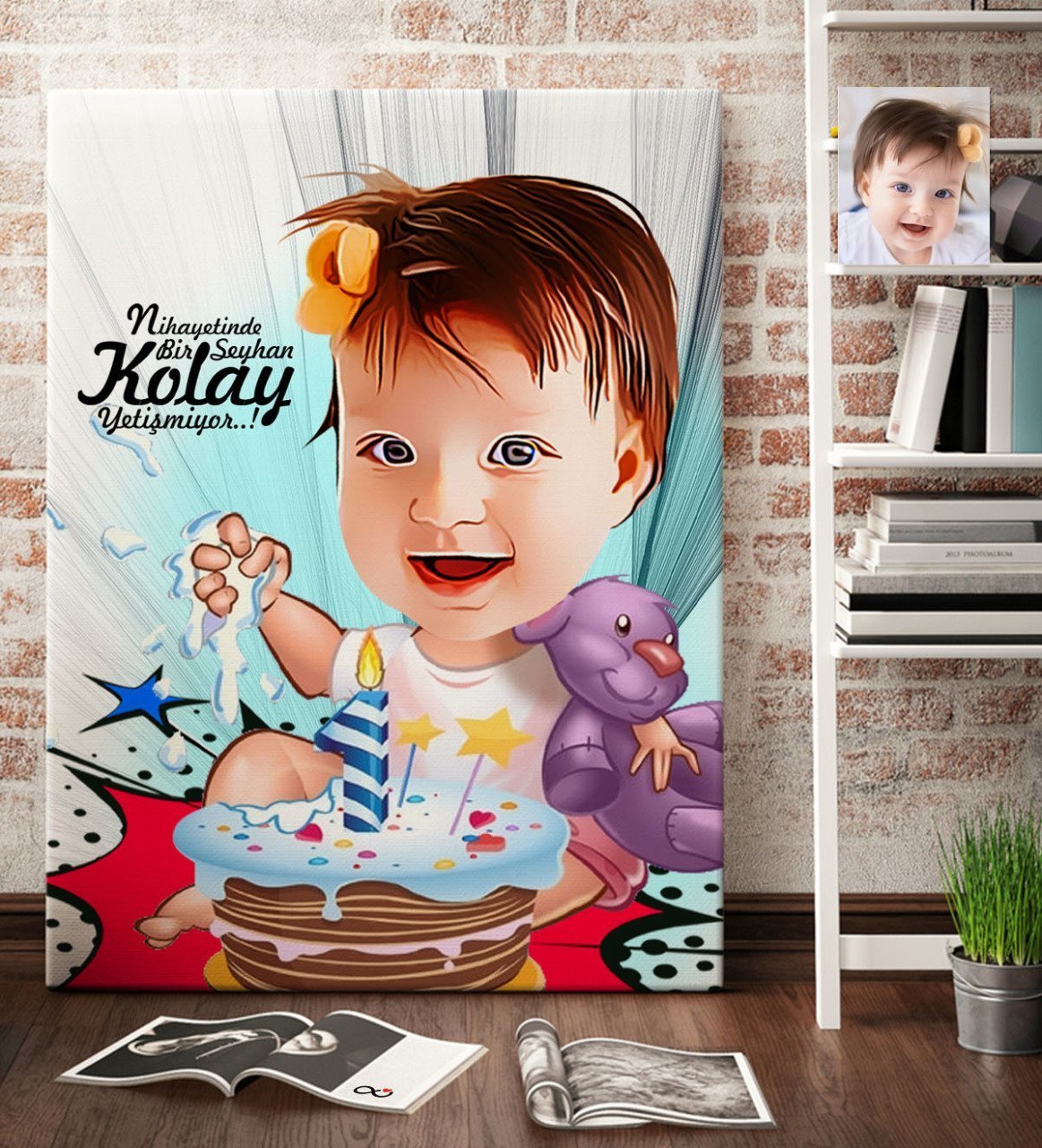 Kişiye Özel Bebek Doğum Günü Karikatür Kanvas Tablo (70 x 100 cm.) 2