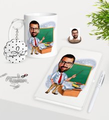 Kişiye Özel Erkek Öğretmen Karikatürlü Kupa Anahtarlık Beyaz Defter Kalem Hediye Seti-1