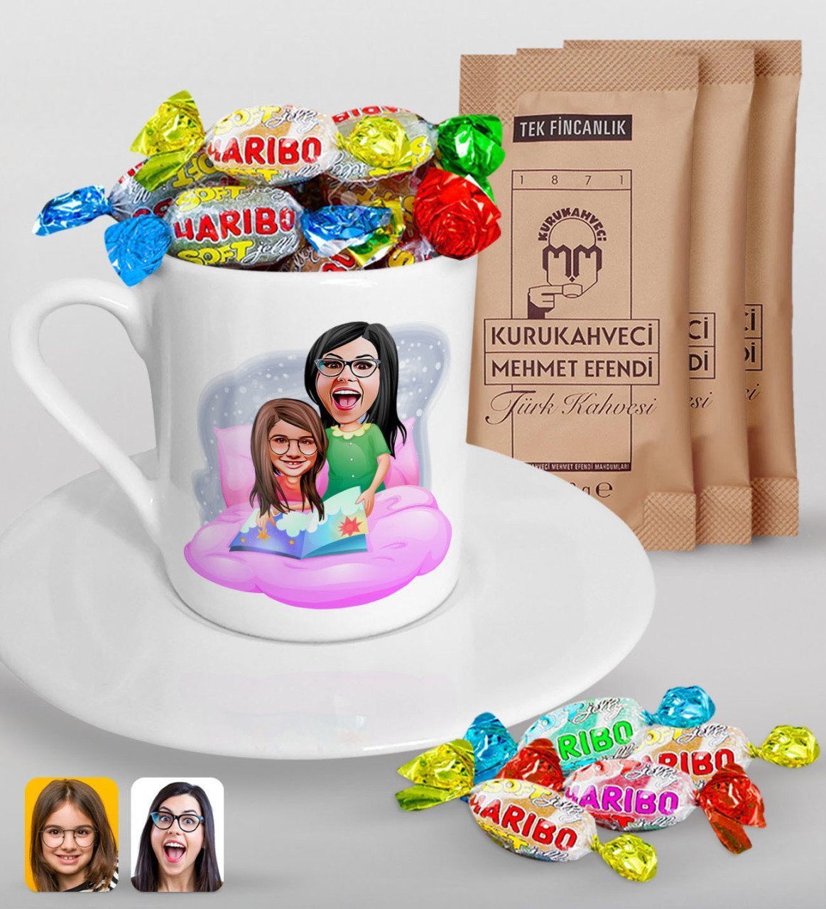 Kişiye Özel Anneler Günü Temalı Anne Kız Karikatürlü Türk Kahvesi Fincanı Mehmet Efendi Kahve ve Haribo Şeker Hediye Seti-3
