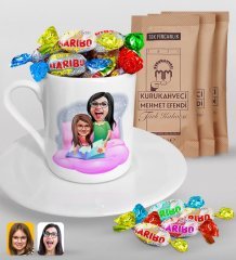Kişiye Özel Anneler Günü Temalı Anne Kız Karikatürlü Türk Kahvesi Fincanı Mehmet Efendi Kahve ve Haribo Şeker Hediye Seti-3