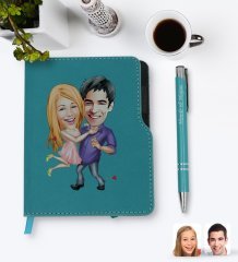 Kişiye Özel Sevgililer Karikatürlü Turkuaz Termo Deri Defter Kalem Seti-3