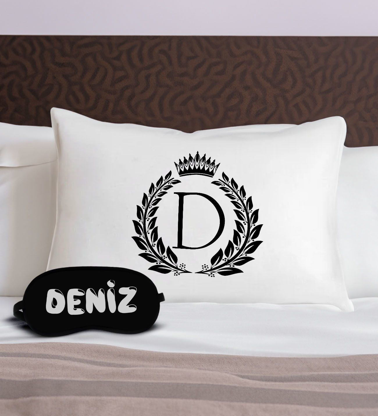 BK Gift Kişiye Özel Baş Harf Tasarrımlı Pamuklu Yastık Kılıfı ve Göz Bandı Uyku Seti-3, Tasarım Ev Tekstili, Uyku Bandı, Ev Hediyesi