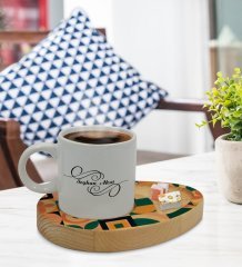 Kişiye Özel Modern Art Tasarımlı Doğal Ahşap Tabaklı Türk Kahvesi Fincanı Sunum Seti Model 14