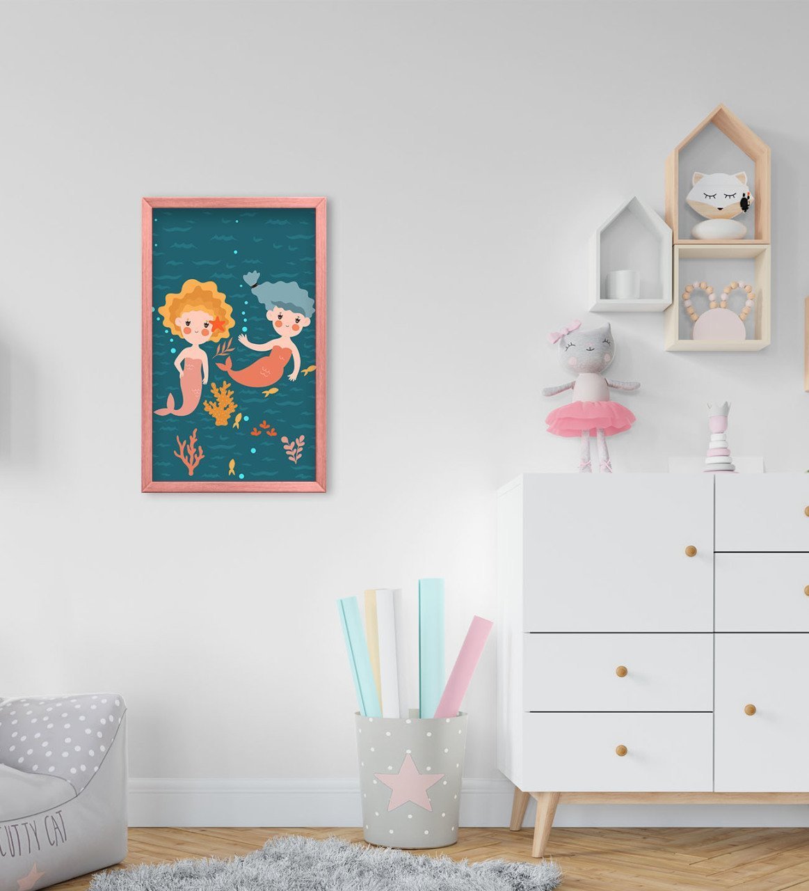 BK Home Deniz Kızları Tasarımlı Dekoratif Pembe Ahşap Çerçeveli Çocuk Odası Tablo-1
