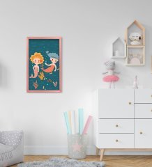 BK Home Deniz Kızları Tasarımlı Dekoratif Pembe Ahşap Çerçeveli Çocuk Odası Tablo-1