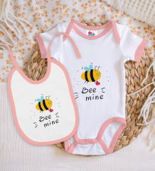 BK Kids Bee Mine Tasarımlı Pembe Bebek Body Zıbın ve Mama Önlüğü Hediye Seti-1