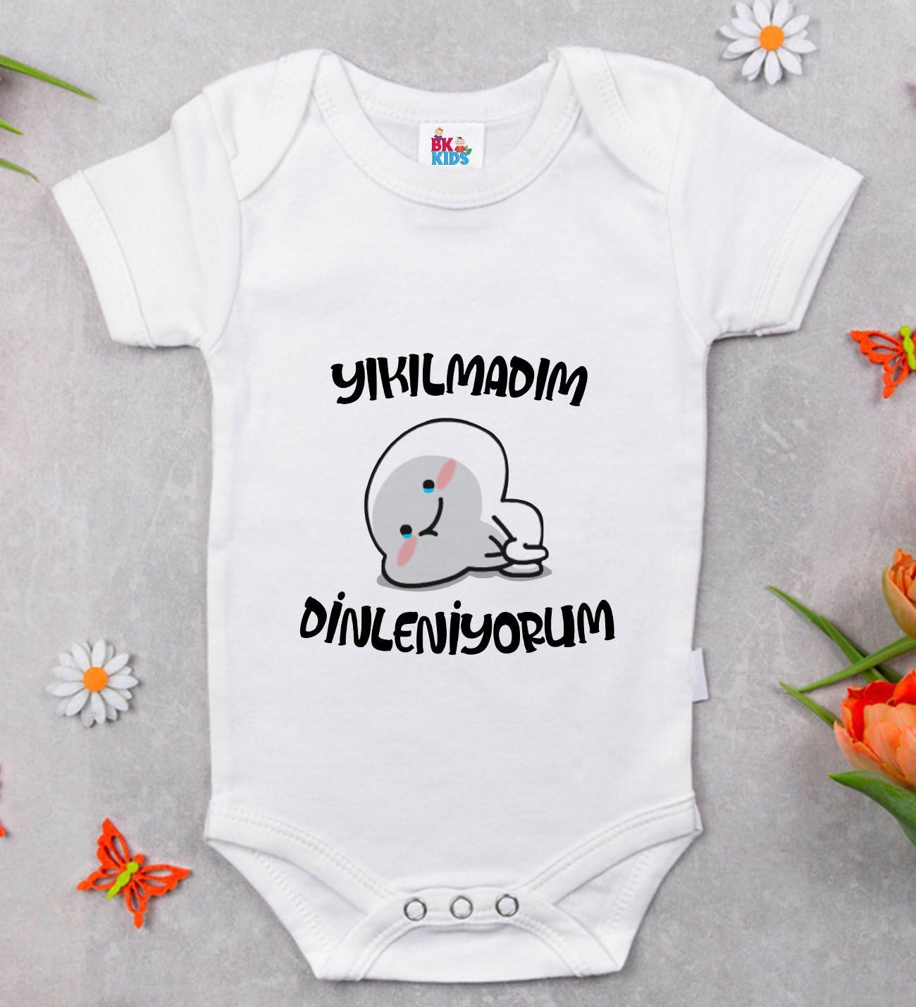 BK Kids Yıkılmadım Dinleniyorum Tasarımlı Beyaz Bebek Body Zıbın-1