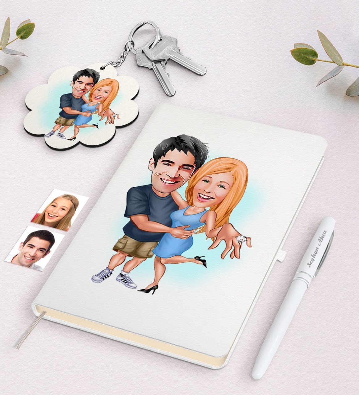 Kişiye Özel Sevgili Karikatürlü Beyaz Defter Kalem ve Anahtarlık Hediye Seti-14