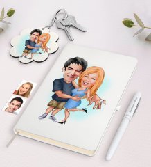 Kişiye Özel Sevgili Karikatürlü Beyaz Defter Kalem ve Anahtarlık Hediye Seti-14