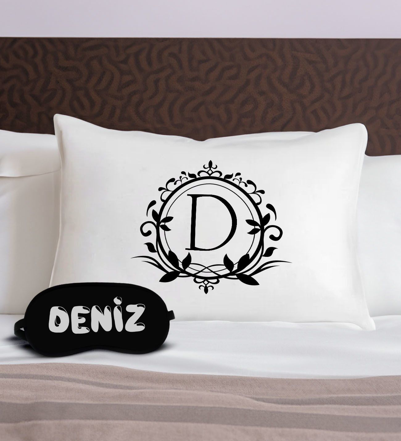 BK Gift Kişiye Özel Baş Harf Tasarrımlı Pamuklu Yastık Kılıfı ve Göz Bandı Uyku Seti-2, Tasarım Ev Tekstili, Uyku Bandı, Ev Hediyesi