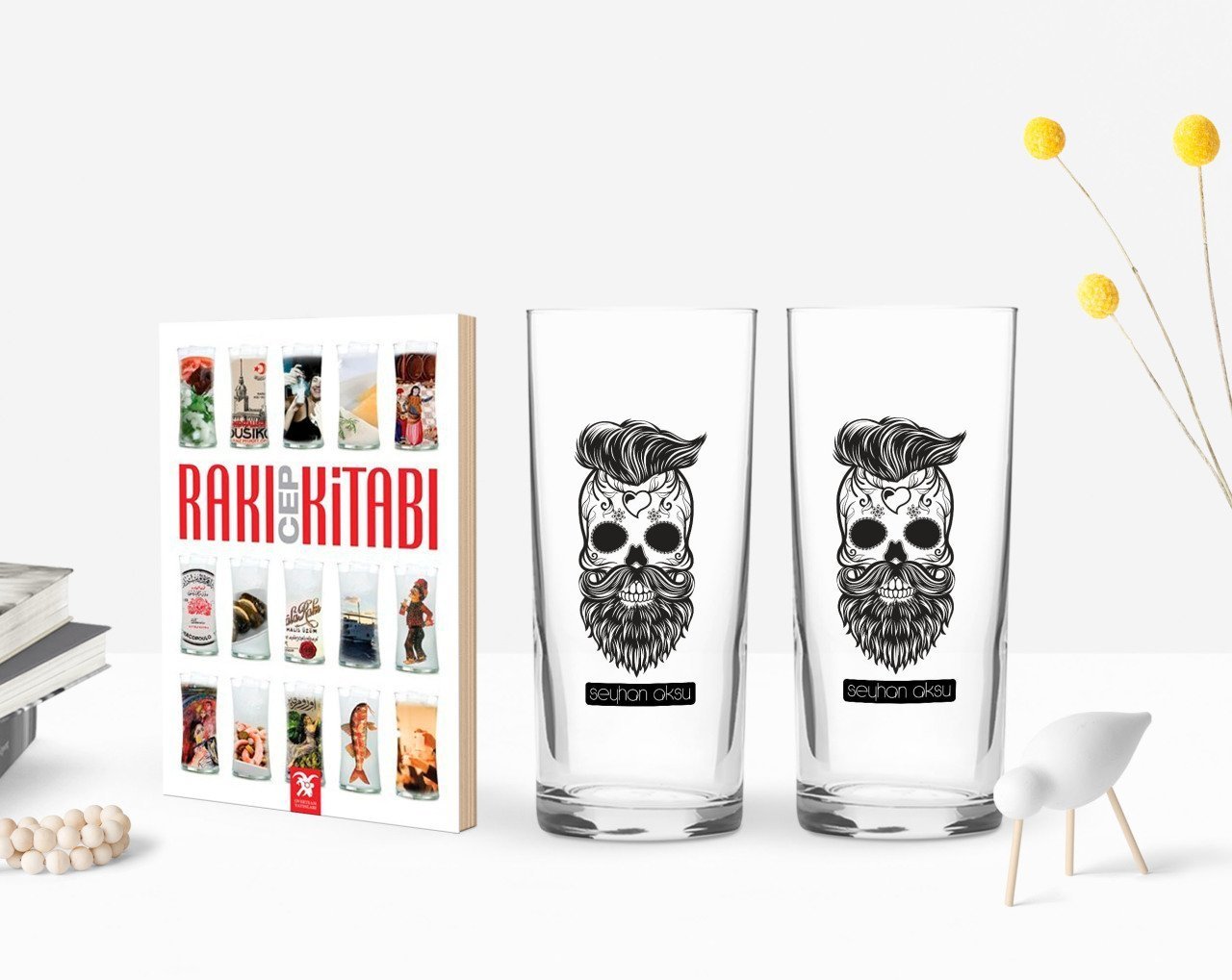 Kişiye Özel Renkli Baskılı Erkek Kurukafa Tasarımlı İkili Rakı Bardağı ve Rakı Cep Kitabı Hediye Seti-2