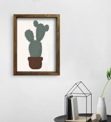 BK Gift Kaktüs Tasarımlı Doğal Masif Ahşap Çerçeveli Tablo 30x40cm-25