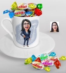 Kişiye Özel Bayan Patron Karikatürlü Türk Kahvesi Fincanı ve Haribo Şeker Hediye Seti-4