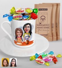 Kişiye Özel Anneler Günü Temalı Anne Kız Karikatürlü Türk Kahvesi Fincanı Mehmet Efendi Kahve ve Haribo Şeker Hediye Seti-2