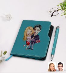 Kişiye Özel Sevgililer Karikatürlü Turkuaz Termo Deri Defter Kalem Seti-2