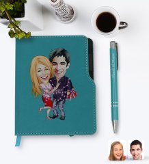 Kişiye Özel Sevgililer Karikatürlü Turkuaz Termo Deri Defter Kalem Seti-2