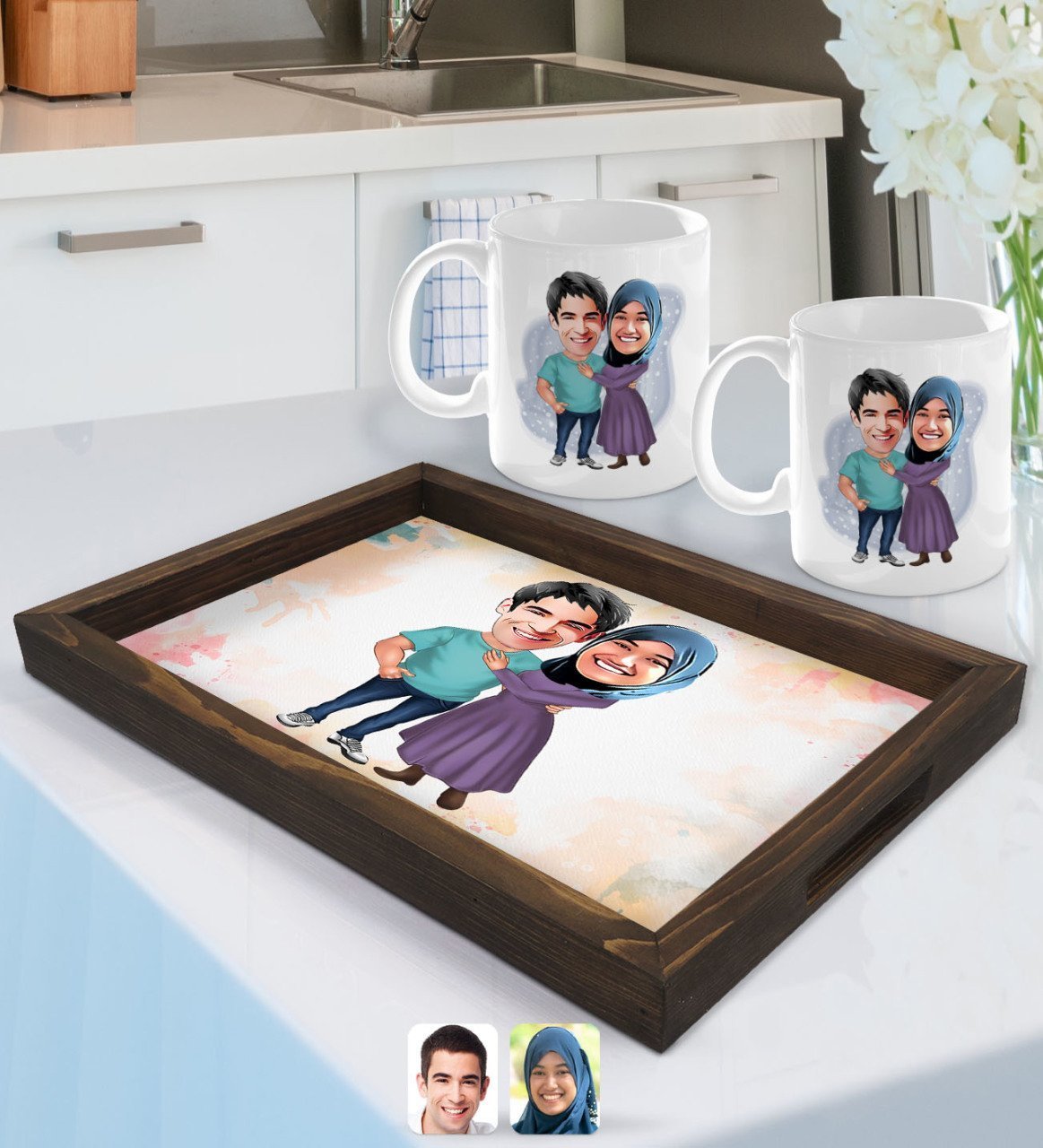 Kişiye Özel Sevgililer Karikatürlü Doğal Ahşap Tepsi ve 2’li Kupa Bardak Seti-61