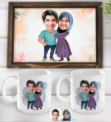 Kişiye Özel Sevgililer Karikatürlü Doğal Ahşap Tepsi ve 2’li Kupa Bardak Seti-61