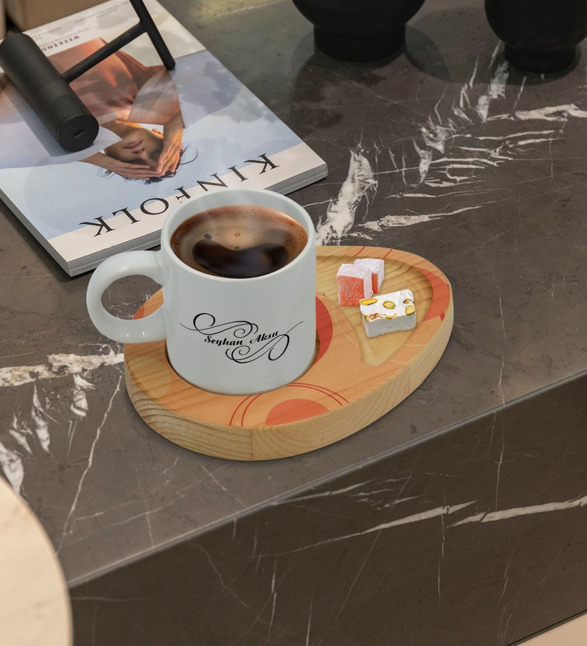 Kişiye Özel Modern Art Tasarımlı Doğal Ahşap Tabaklı Türk Kahvesi Fincanı Sunum Seti Model 13