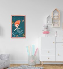 BK Home Deniz Kızı Tasarımlı Dekoratif Pembe Ahşap Çerçeveli Çocuk Odası Tablo-1