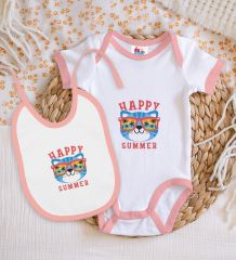 BK Kids Happy Summer Tasarımlı Pembe Bebek Body Zıbın ve Mama Önlüğü Hediye Seti-1