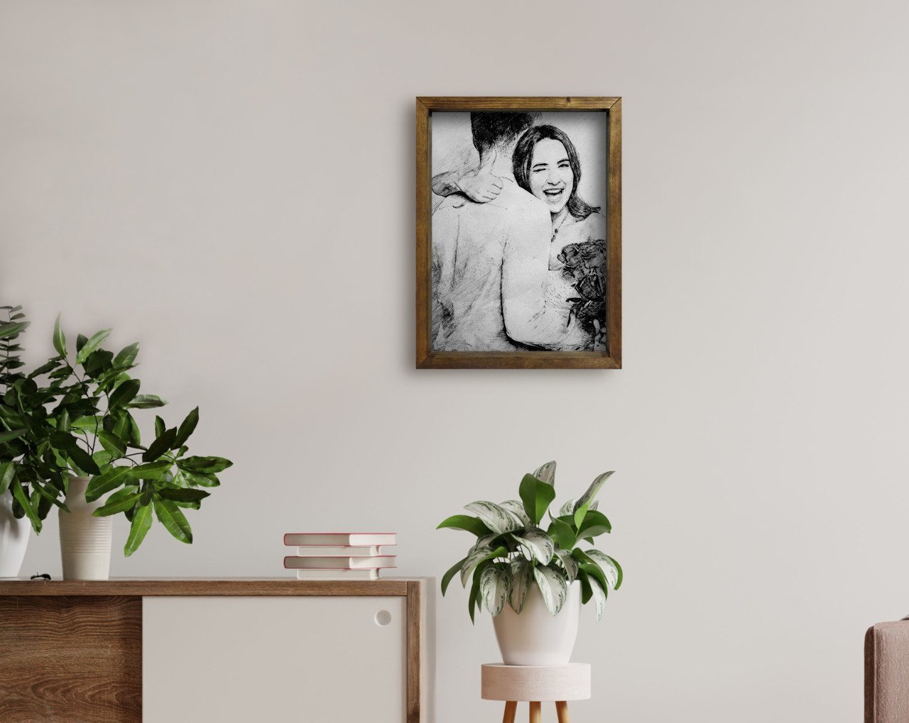 BK Home Karakalem Sevgililer Fotoğraflı Doğal Masif Ahşap Çerçeveli Tablo 45x65cm-1