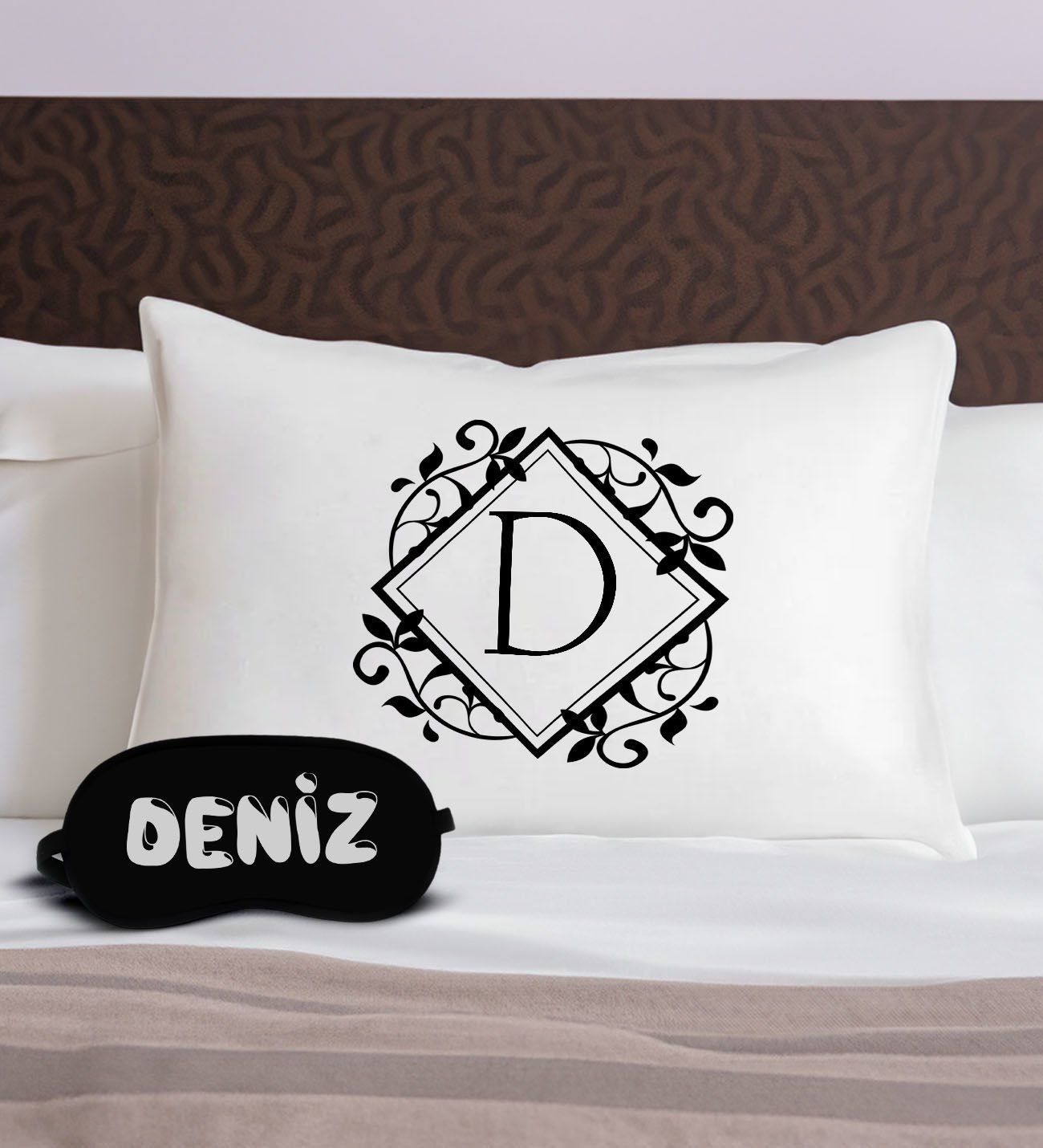 BK Gift Kişiye Özel Baş Harf Tasarrımlı Pamuklu Yastık Kılıfı ve Göz Bandı Uyku Seti-1, Tasarım Ev Tekstili, Uyku Bandı, Ev Hediyesi